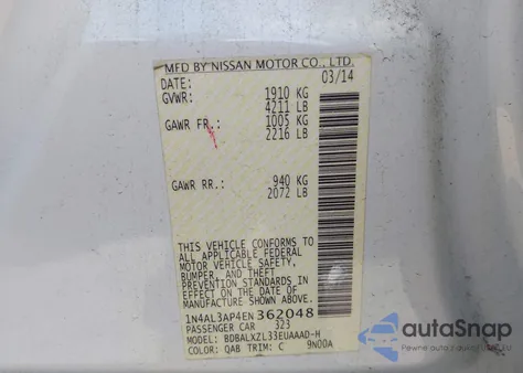 2014 Nissan Altima 2.5 Sl из США, поврежденный, VIN 1N4AL3AP4EN362048